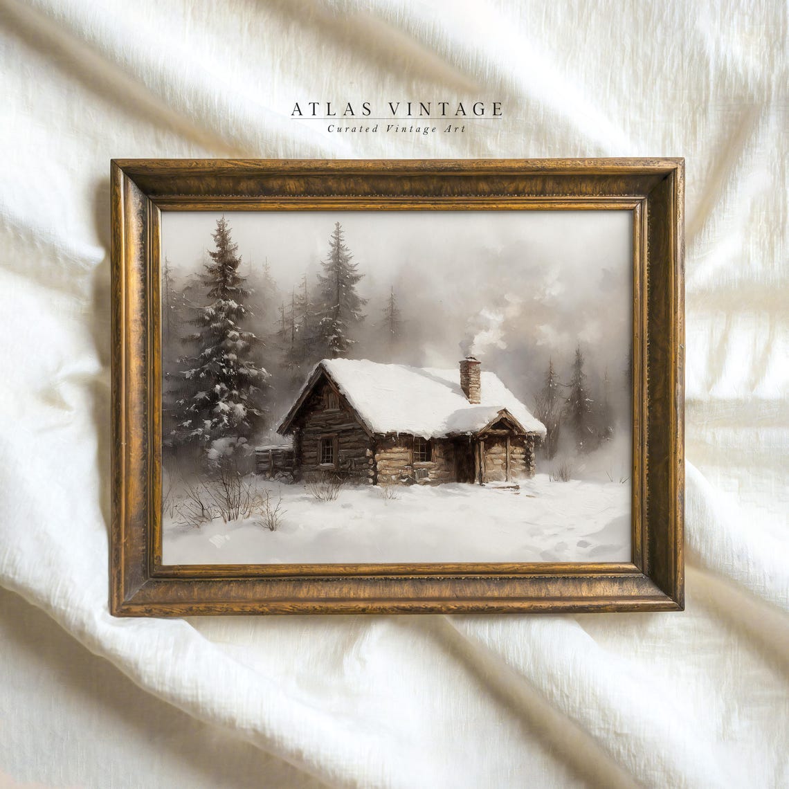 Rustic Log Cabin in a Snowy Winter Forest Landscape Vintage Poster - Image 5