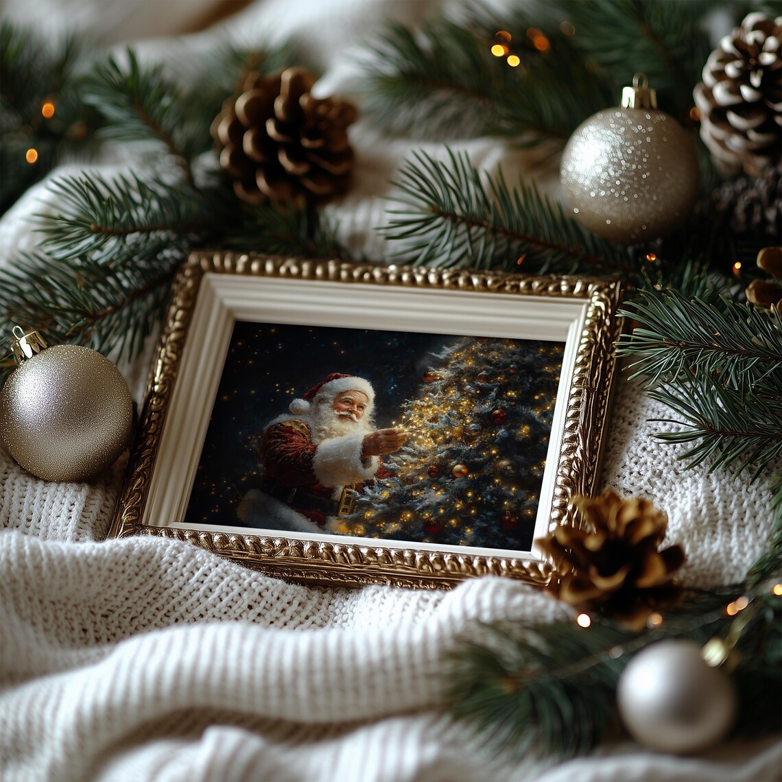 Santa Claus Decorating Christmas Tree Vintage Holiday Oil Art Poster - Image 7