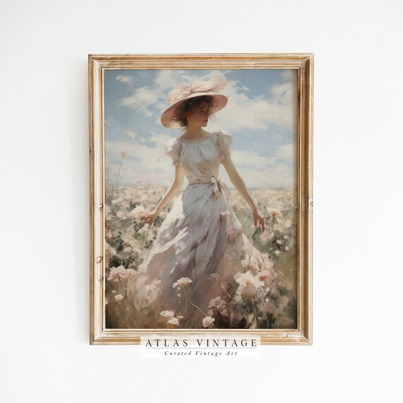 Woman in White Dress and Pink Hat Walking Flower Field Poster