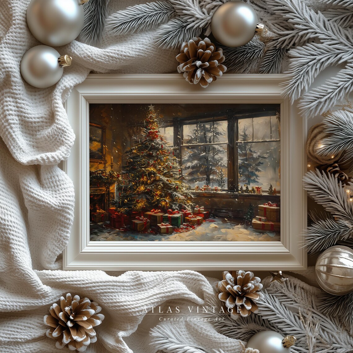 Cozy Christmas Tree with Gifts Painterly Holiday Window Scene Poster - Image 7