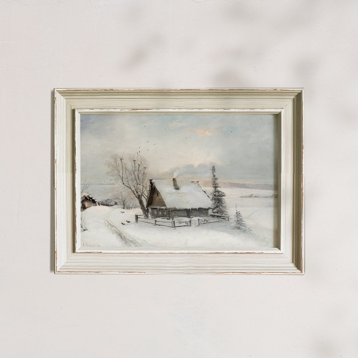 Snow Covered Cottage Vintage Winter Oil Painting Rustic Poster - Image 7