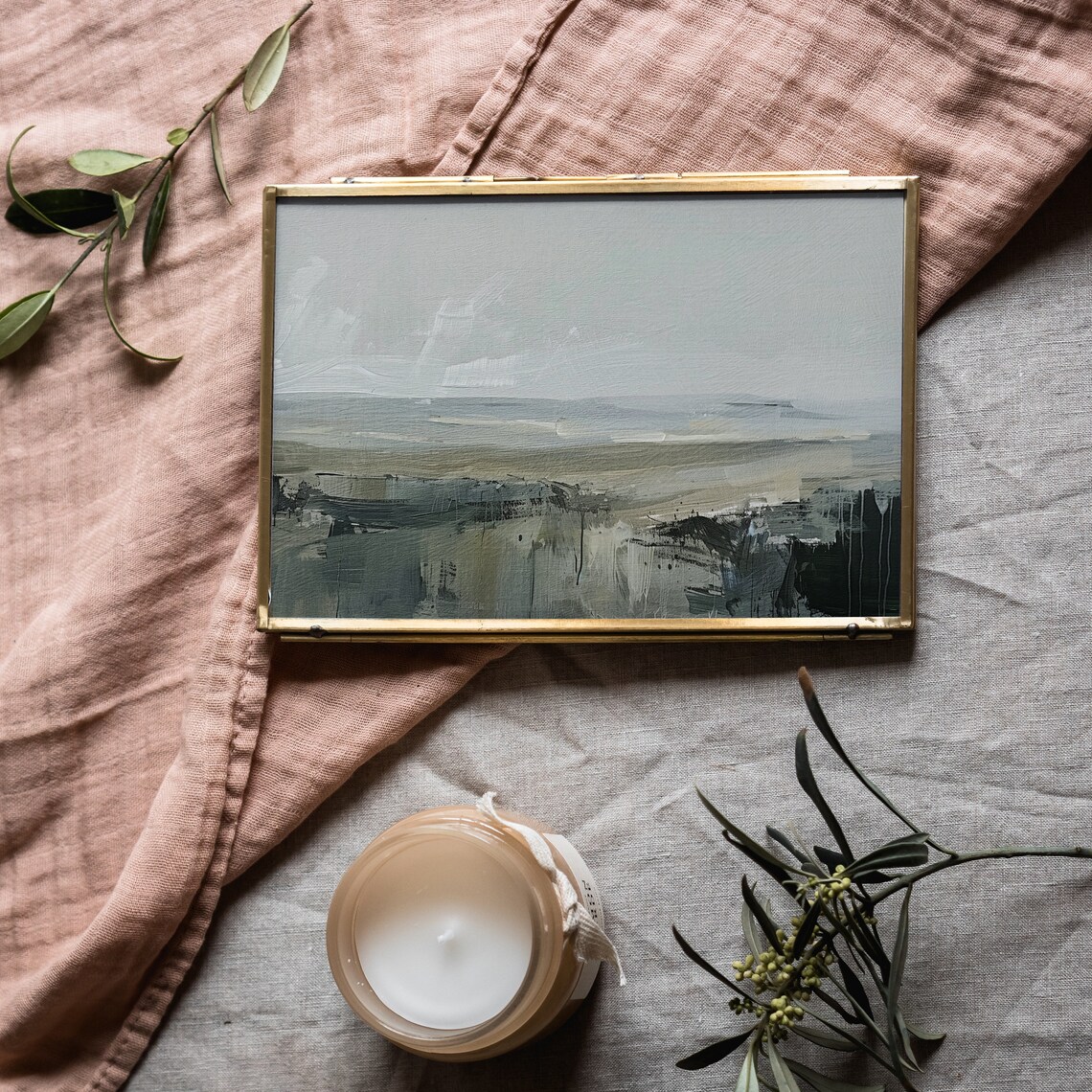 Muted Green Abstract Landscape Oil Painting Print Minimal Neutral Rustic Art - Image 5