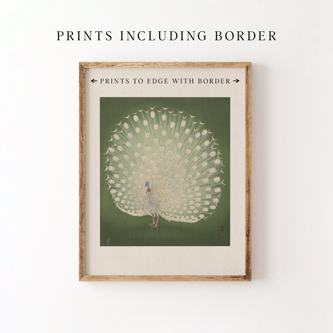 White Peacock with Fanned Tail on Green Japanese Style Poster - Image 6