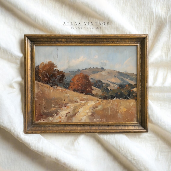 Golden Autumn Hillside Vintage Oil Painting Warm Fall Scenery Poster