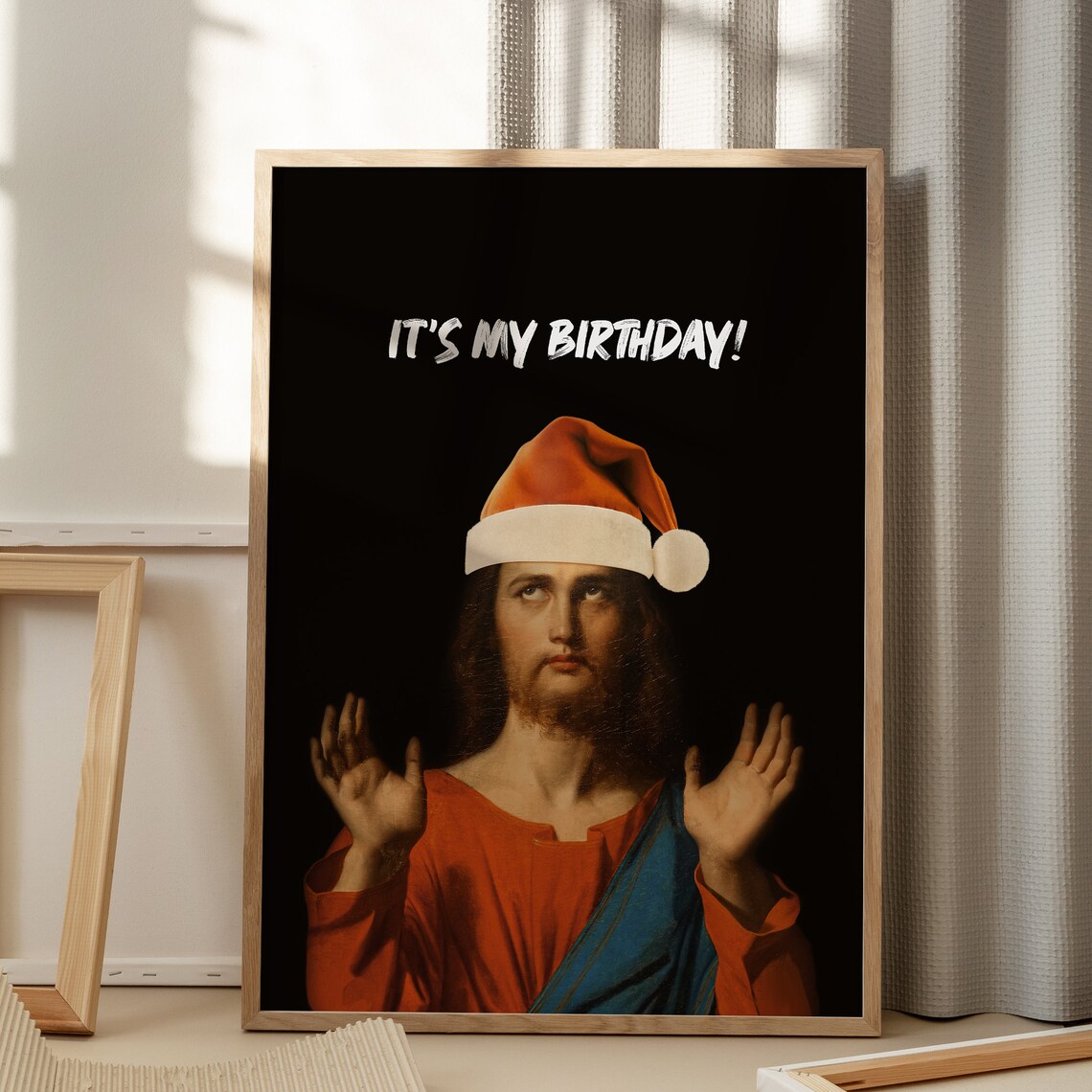 Funny Jesus Birthday Altered Painting Santa Hat Christmas Poster - Image 5