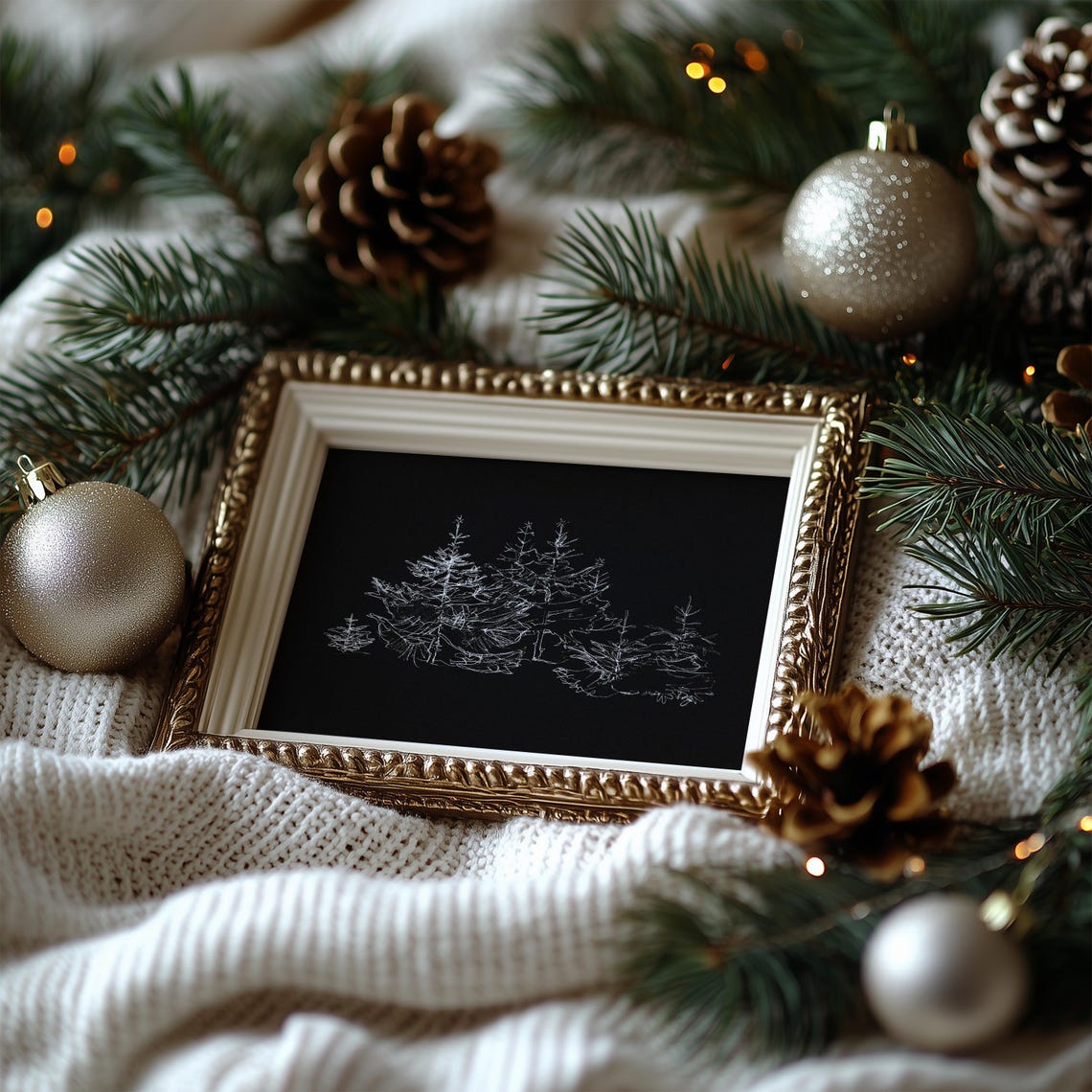 White Pine Trees Line Drawing on Black Minimalist Forest Poster - Image 3