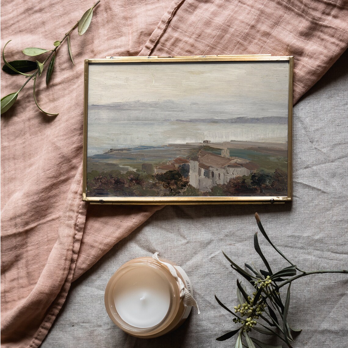 Beach House Coastal Hillside Vintage Seascape Painting Nautical Print - Image 4