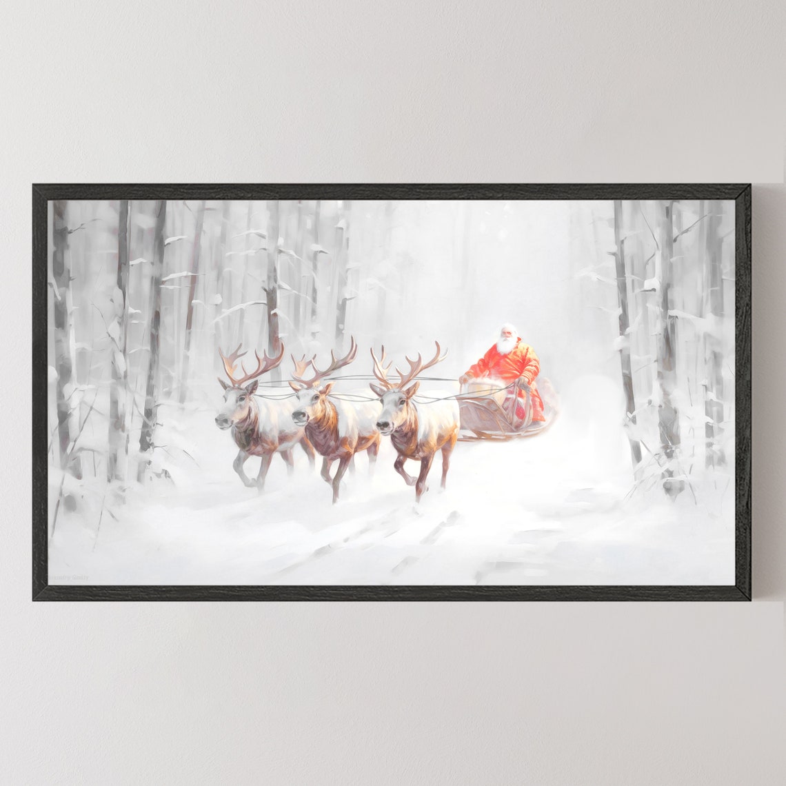 Santa Sleigh with Reindeer in Snowy Forest Vintage Christmas Poster - Image 5