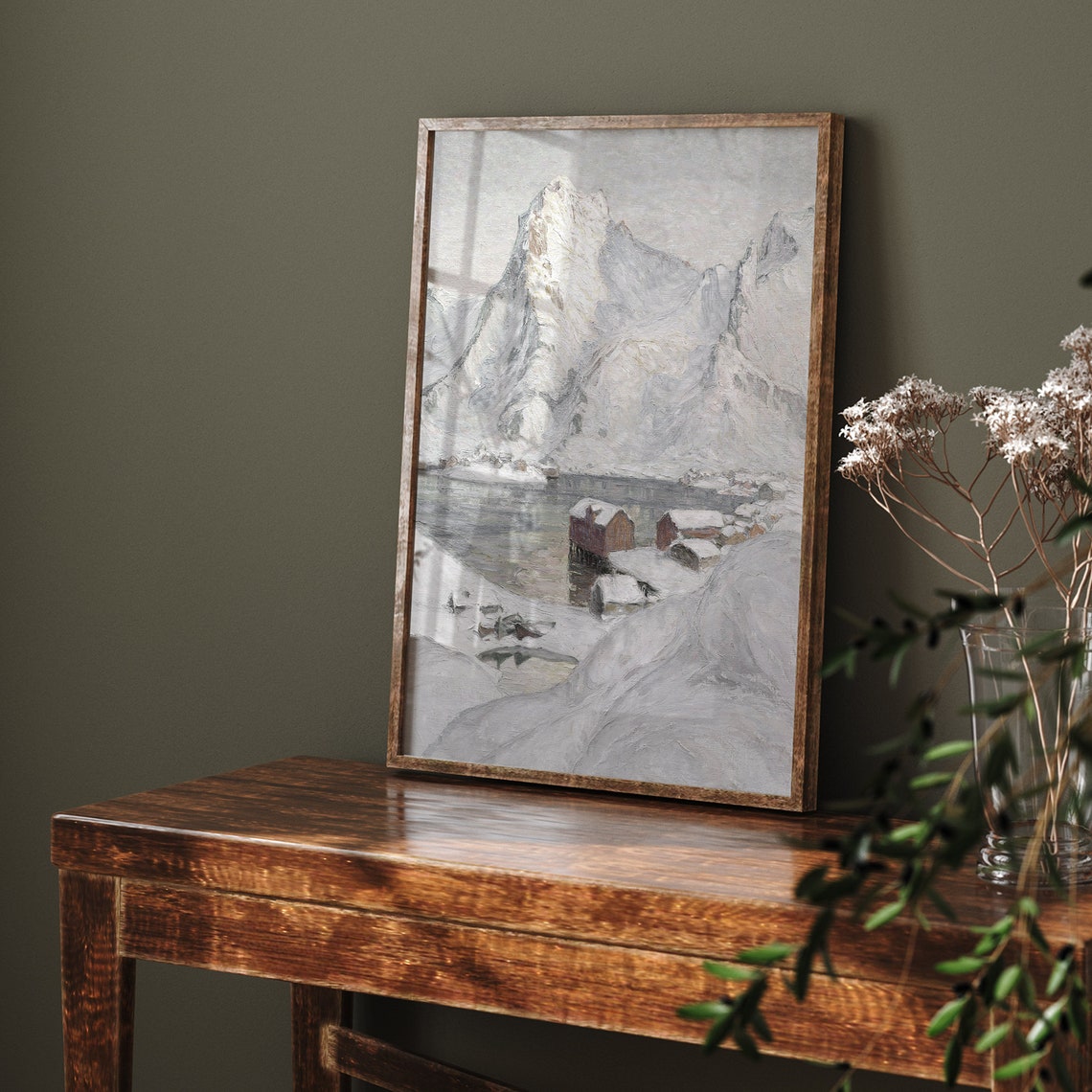 Vintage Snowy Mountain Cabins Winter Lake Antique Painting Poster - Image 7
