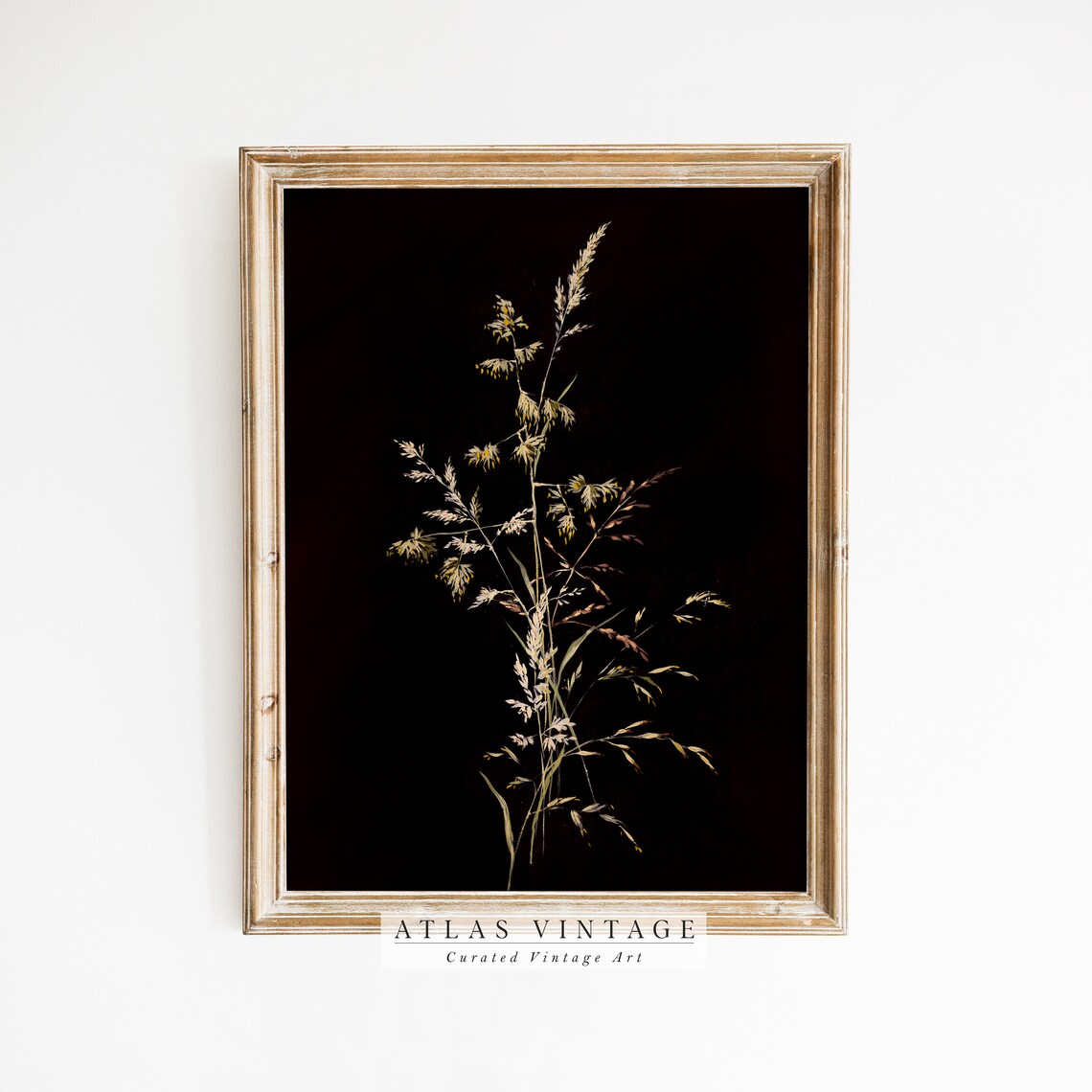 Golden Wild Grasses Dark Botanical Moody Floral Antique Print