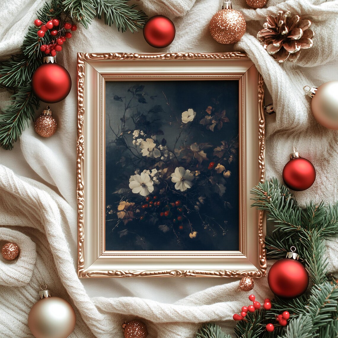 Dark Winter White Flowers Red Berries Seasonal Botanical Poster - Image 4
