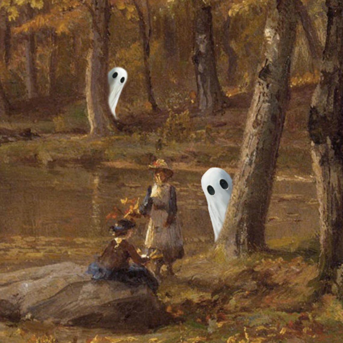 Cute Ghosts Hiding in Autumn Forest Lake Print Vintage Spooky Fall Art - Image 8