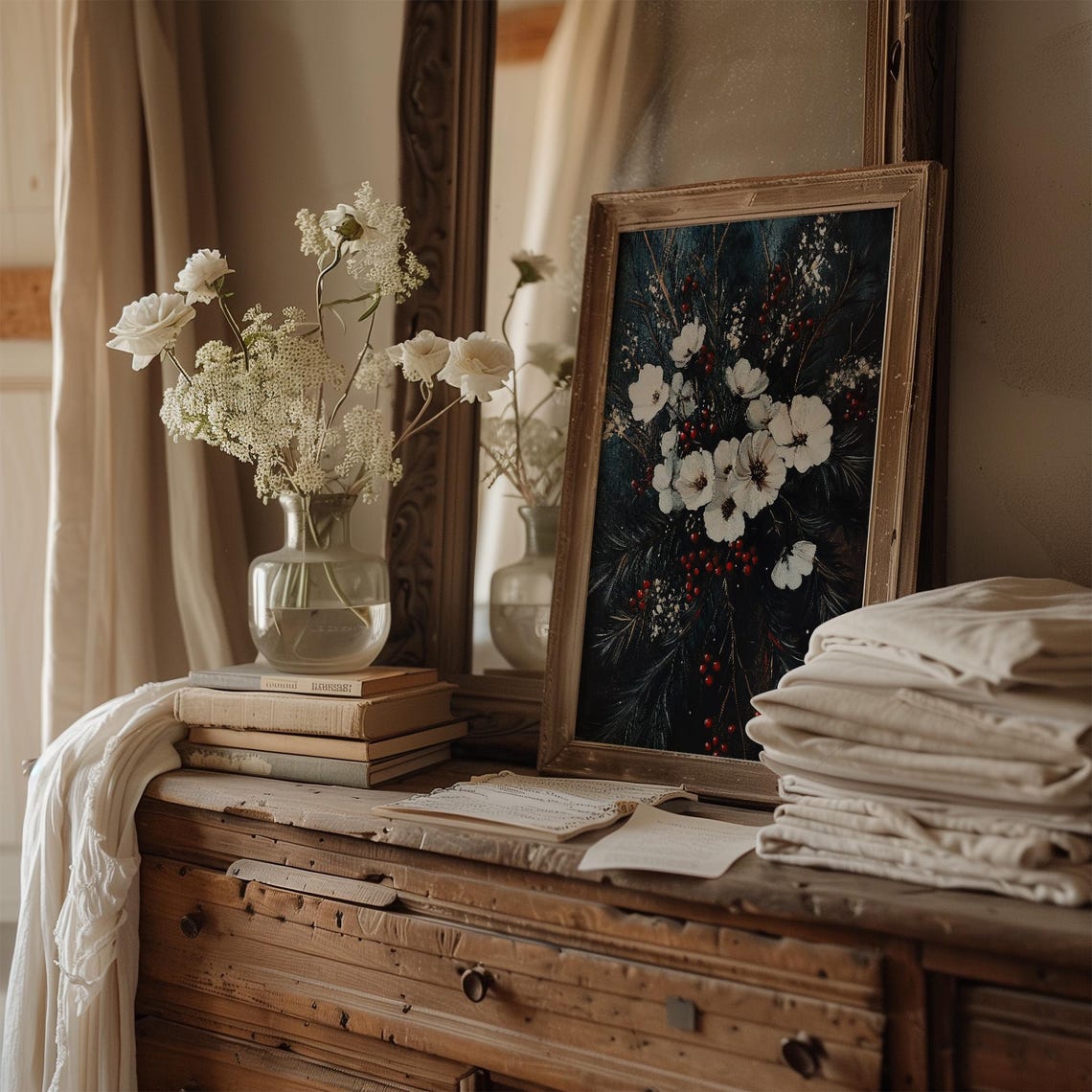 Dark Moody Winter Florals White Blooms Red Berries Evergreen Poster - Image 3
