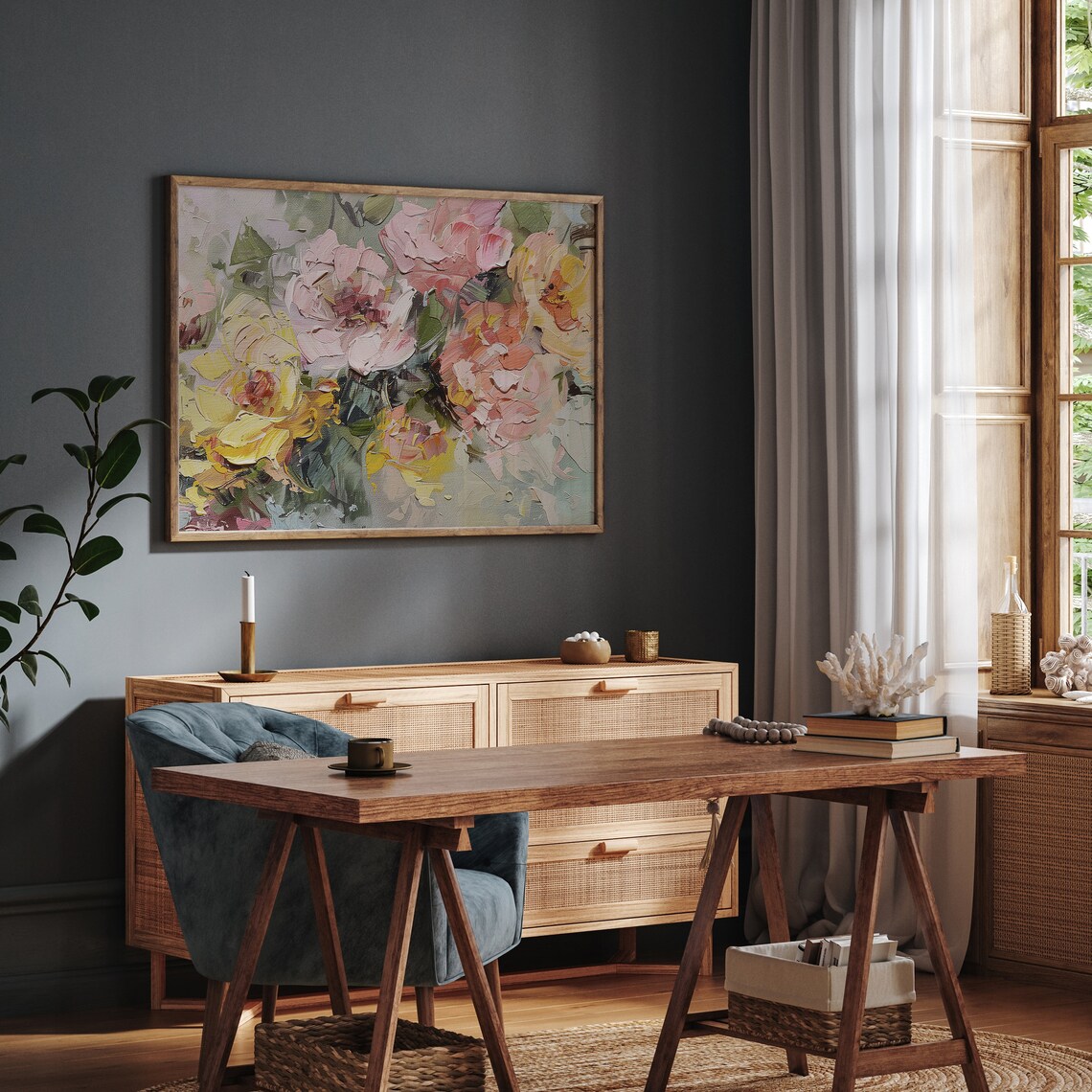 Colorful Pink and Yellow Peonies Impasto Floral Painting Poster - Image 4