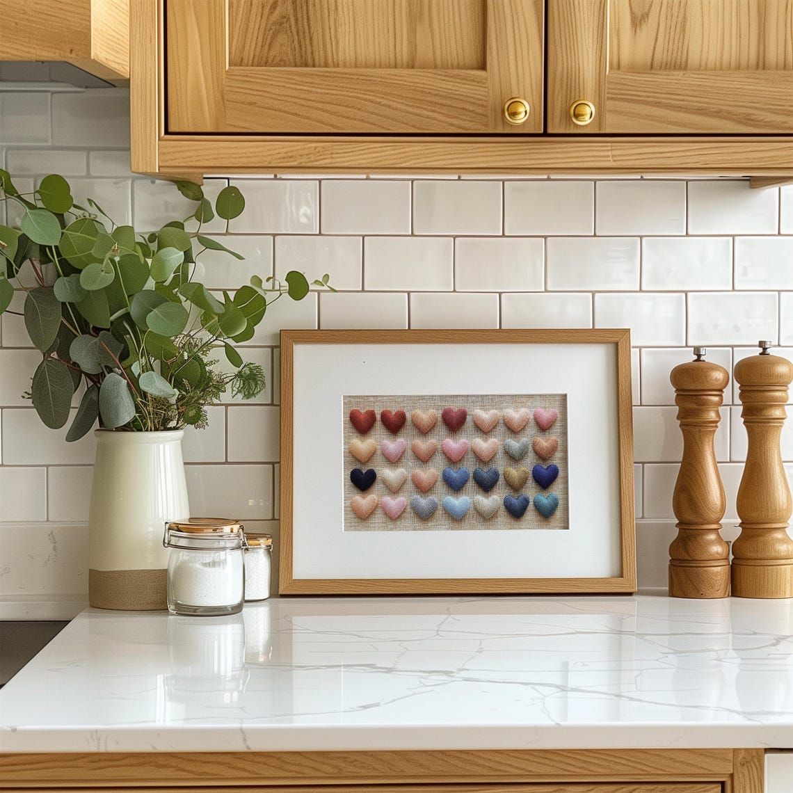 Rustic Embroidered Heart Grid Pastel Linen Textile Art Poster - Image 5
