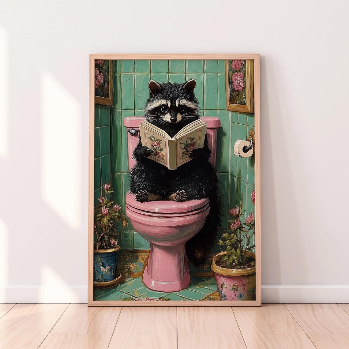 Raccoon Reading Floral Book on Pink Toilet Funny Bathroom Poster