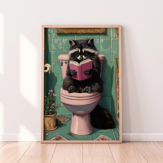 Raccoon Reading Book on Pink Toilet Vintage Teal Tile Bathroom Poster