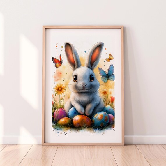 Watercolor Easter Bunny With Colorful Eggs and Butterflies Poster