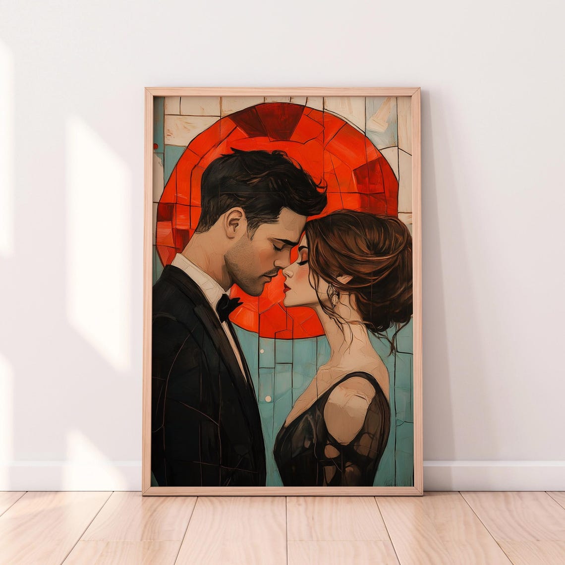 Romantic Couple Mosaic Portrait Red Sun Passion Modern Love Poster