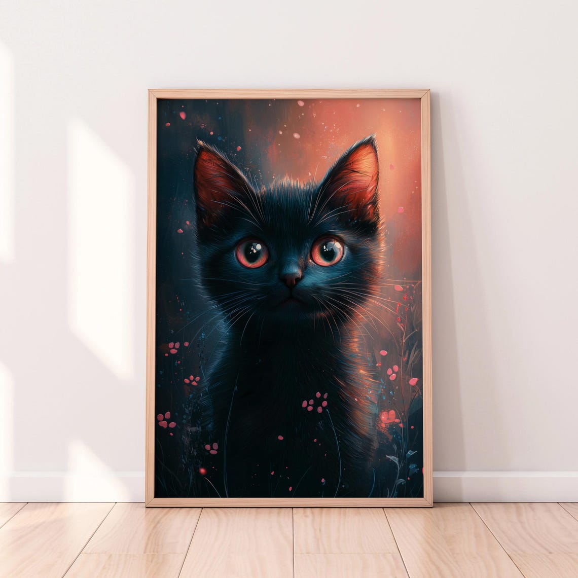 Black Kitten Portrait With Glowing Red Light Fantasy Art Print
