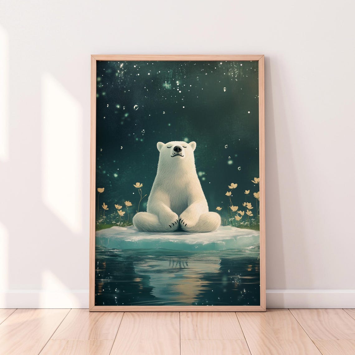 Zen Polar Bear Meditating on Ice Floe Under Arctic Night Sky Poster