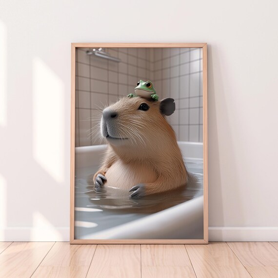 Capybara Bath Buddy With Frog on Head Funny Bathroom Humor Poster