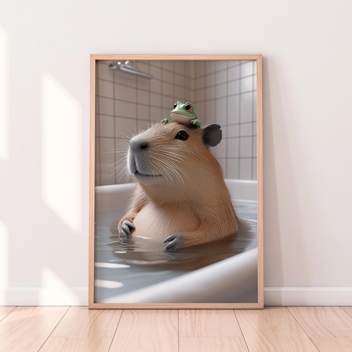 Capybara Bath Buddy With Frog on Head Funny Bathroom Humor Poster