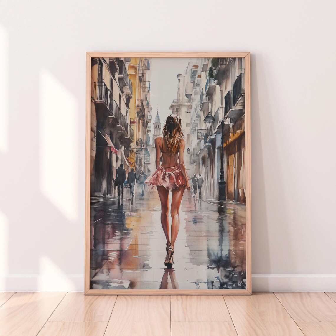 Woman In Pink Skirt Walking Rainy City Street Watercolor Poster