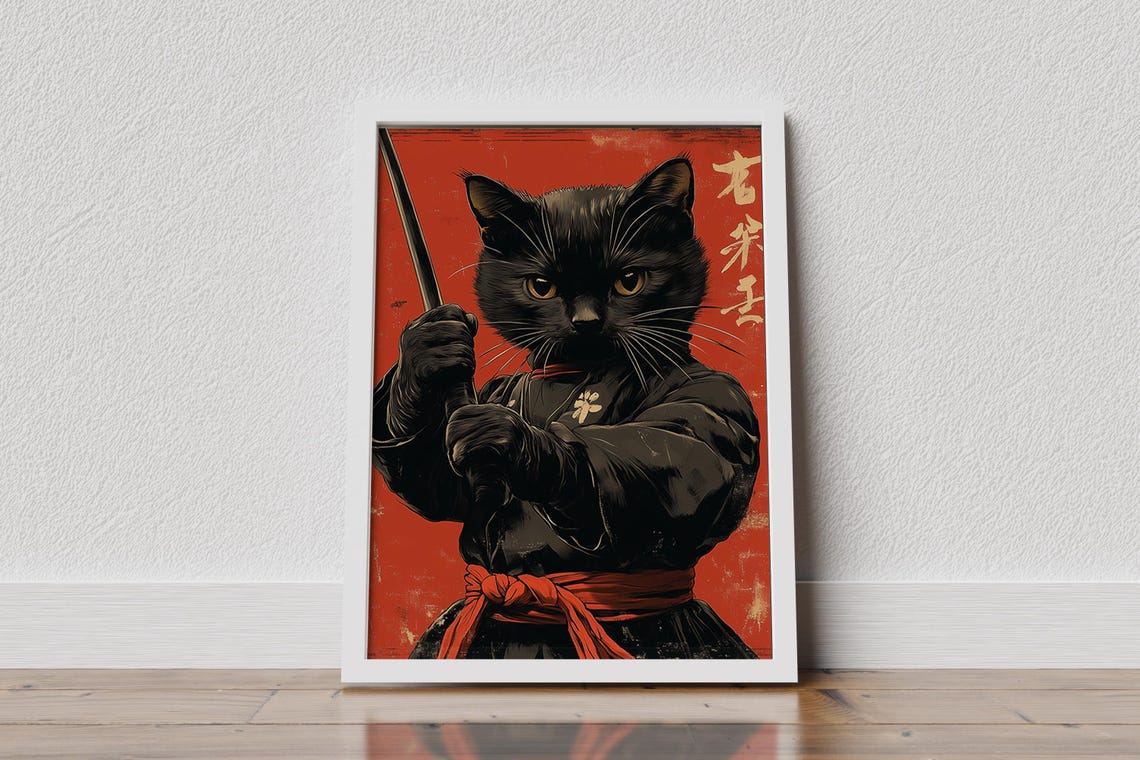 Fierce Black Cat Samurai Holding Katana on Red Background Poster - Image 2