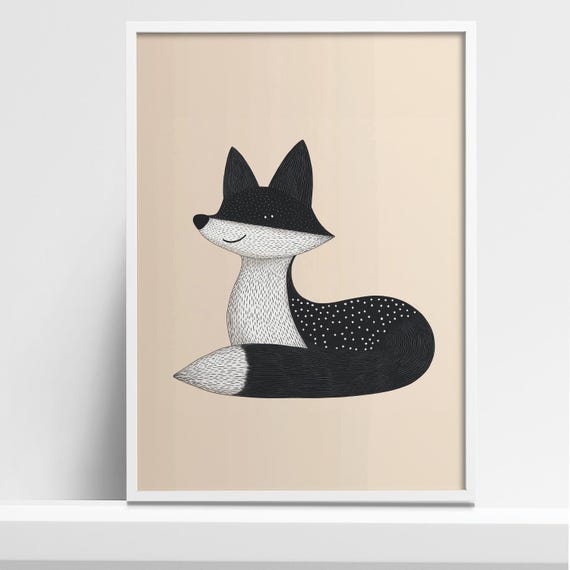 Monochrome Scandinavian Fox Art Print Minimalist Nordic Animal Illustration