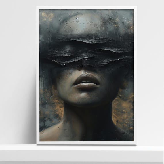 Abstract Face Art Print Dark Mysterious Portrait Surreal Emotional Wall Decor Modern Expressionist Artwork Moody Minimalist Design