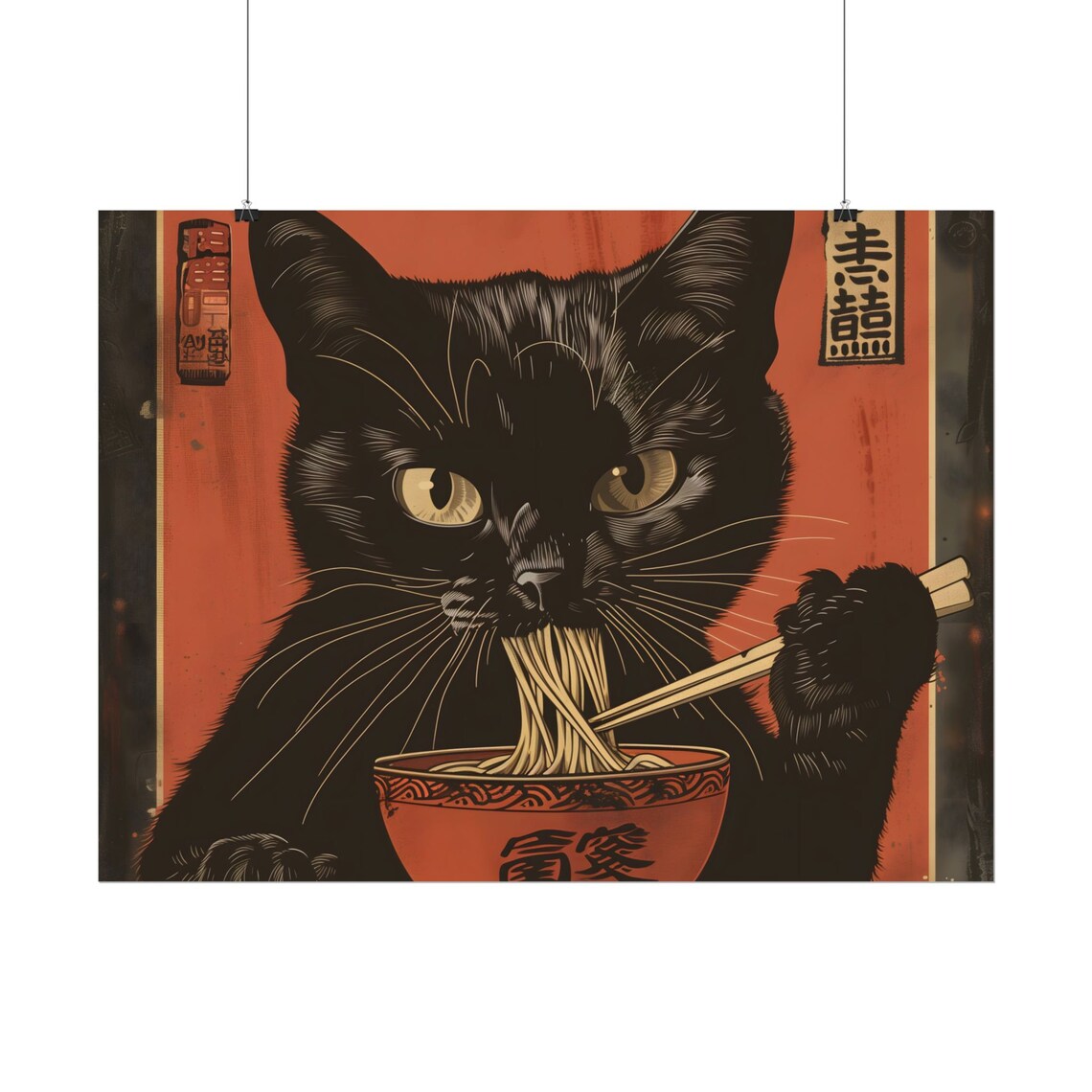 Black Cat Eating Noodles Japanese Edo Style Art Print - Image 3
