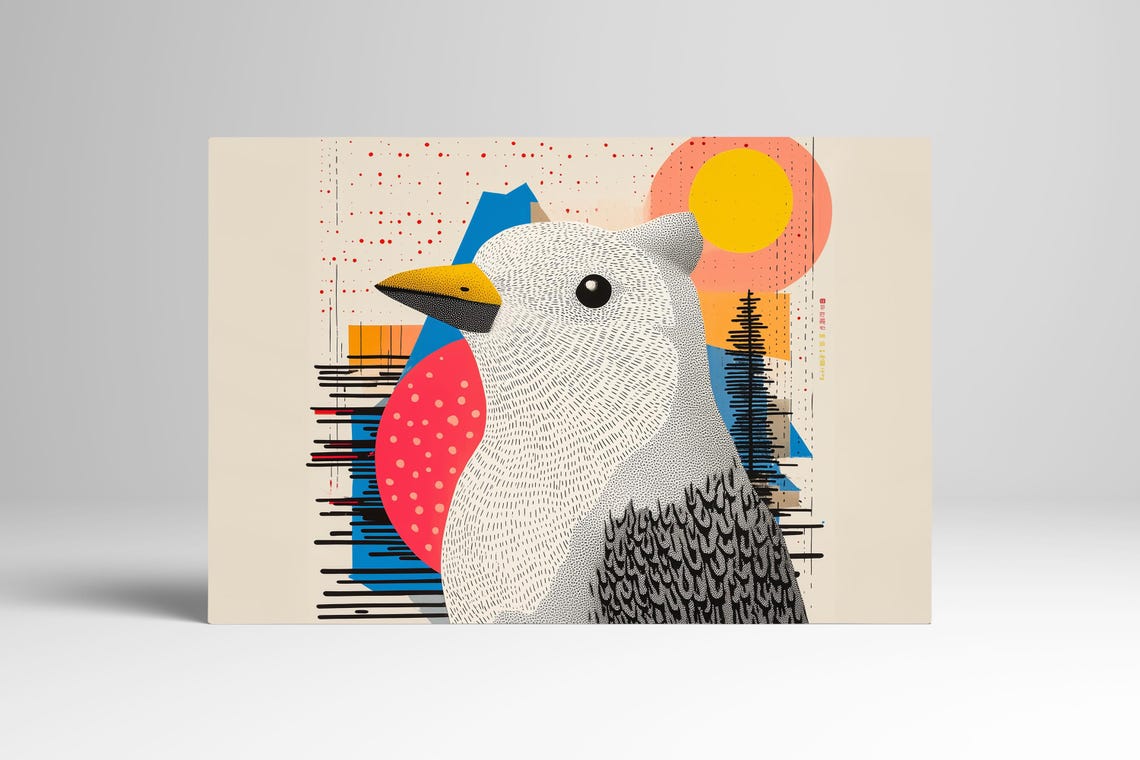 Modern Stylized Geometric Bird With Sunrise Collage Art Poster - Image 3