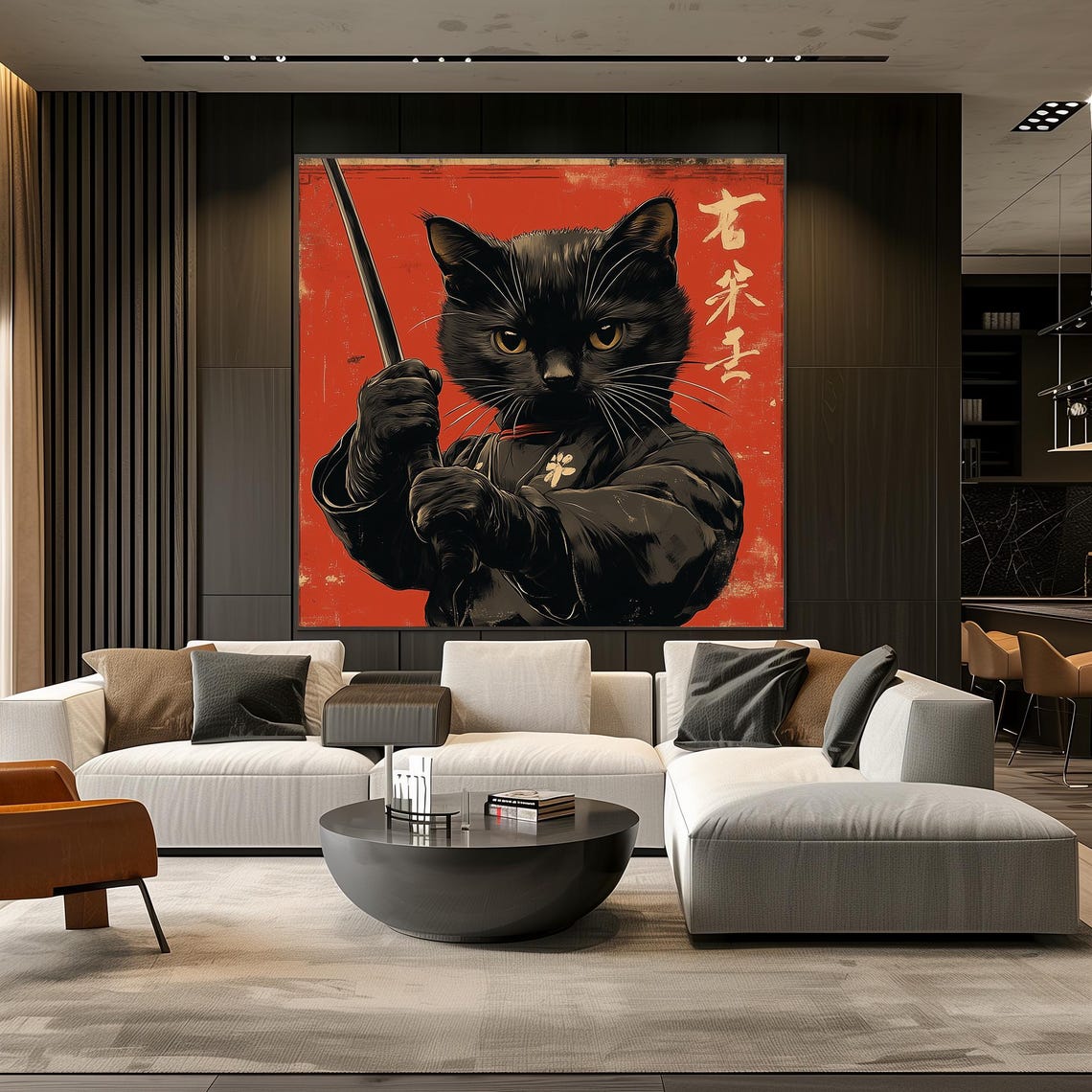 Fierce Black Cat Samurai Holding Katana on Red Background Poster - Image 3