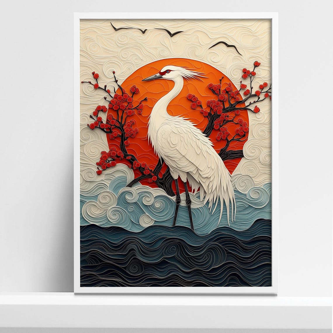 Japanese Paper Cut Crane With Red Sun and Cherry Blossoms Poster