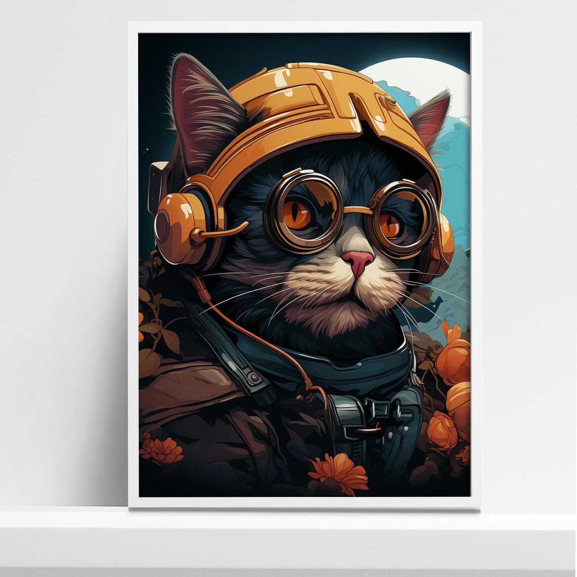 Black Cat Astronaut in Orange Helmet and Goggles Under the Moon Poster