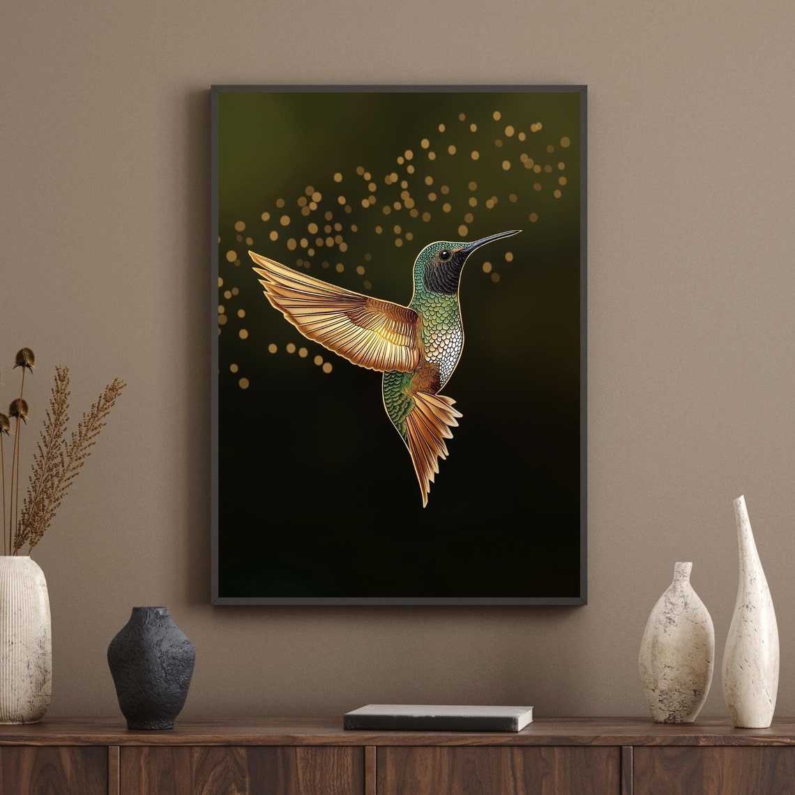 Golden Green Hummingbird Dark Background Elegant Bird Artwork Poster
