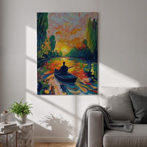 Sunset Rowboat Canvas Wall Art Abstract Colorful Landscape Painting Solitude Lake Scene Print Framed Peaceful Decor For Home And Office