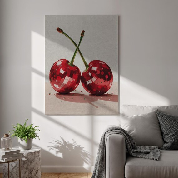 Shiny Disco Ball Cherries Funky Red Fruit Pop Kitchen Wall Art