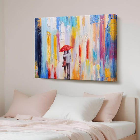 Lovers With Red Umbrella Oilpainting Canvas Wall Painting Framed Art Housewarming Gifts Abstract Modern Decor