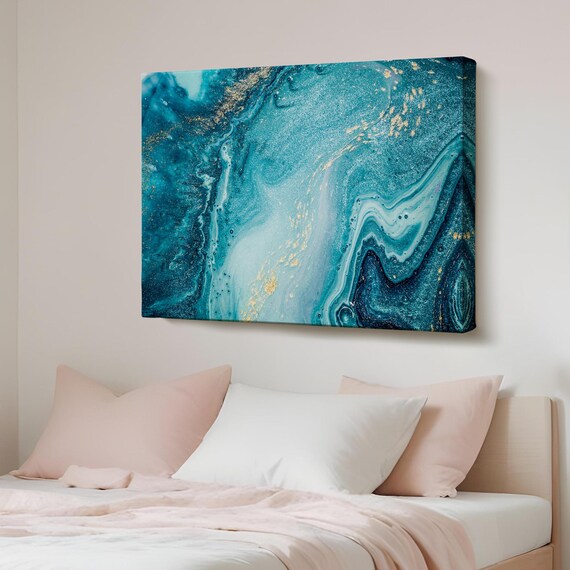 Deep Teal Ocean Marble Abstract Gold Flecks Modern Art Poster