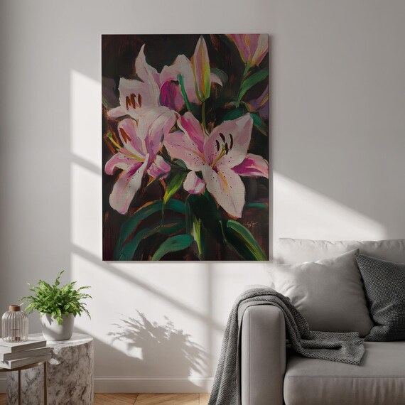 Pink Lily Canvas Wall Art Modern Floral Painting Print Botanical Flower Decor Framed Colorful For Living Room And Bedroom Accent