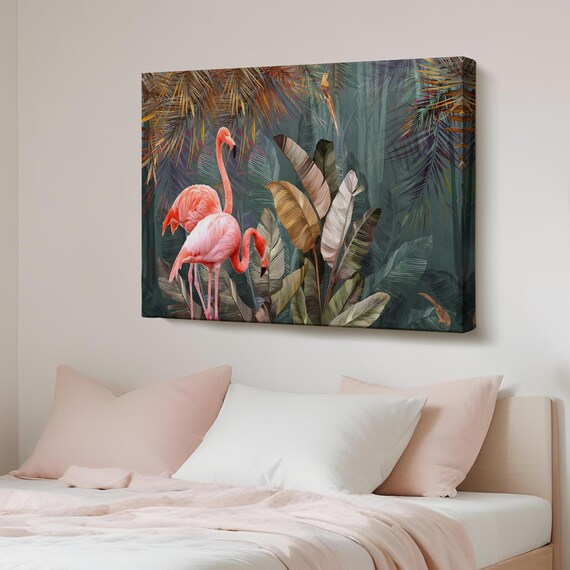 Pink Flamingos Among Tropical Palm Leaves Dark Jungle Wall Art