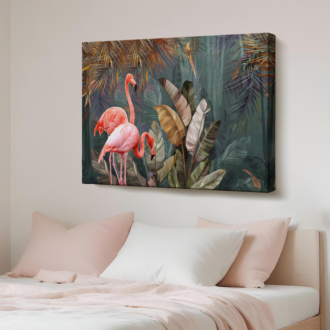 Pink Flamingos Among Tropical Palm Leaves Dark Jungle Wall Art
