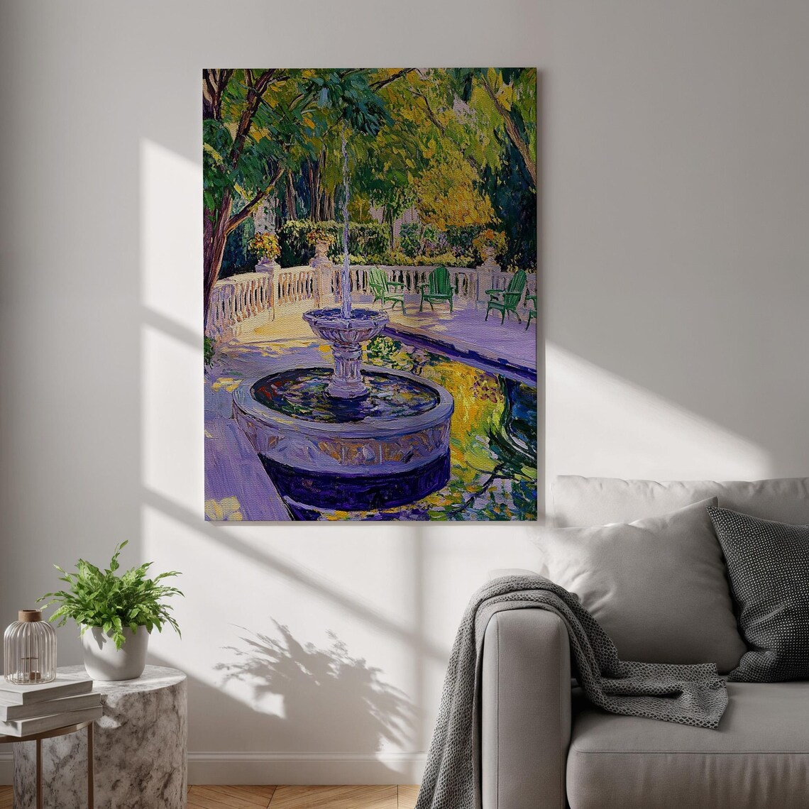 Sunlit Garden Courtyard Fountain Impressionist Outdoor Art Poster