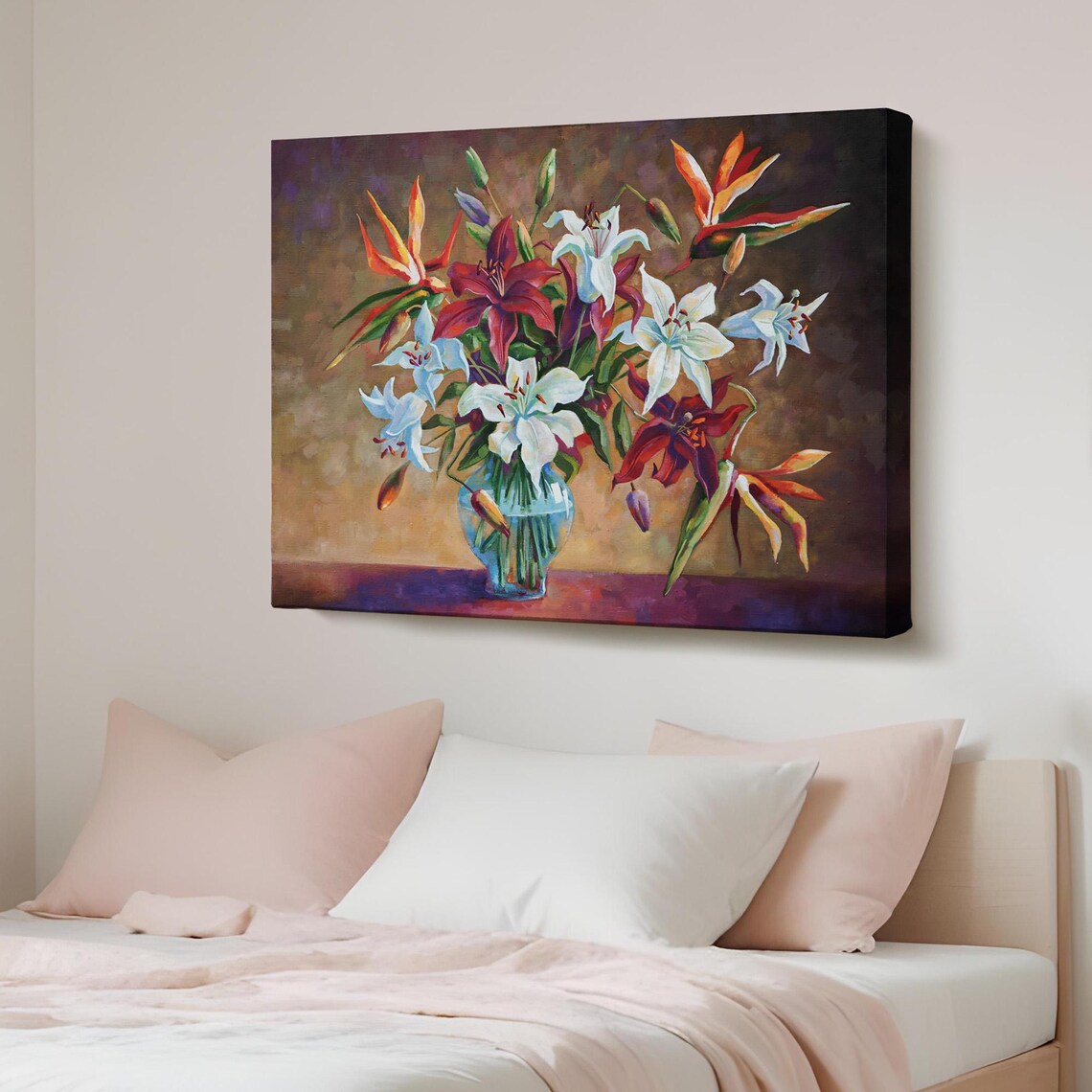 White and Red Lily Bouquet Vase Oil Painting Floral Art Poster