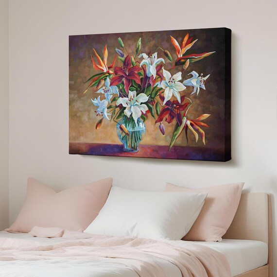White and Red Lily Bouquet Vase Oil Painting Floral Art Poster