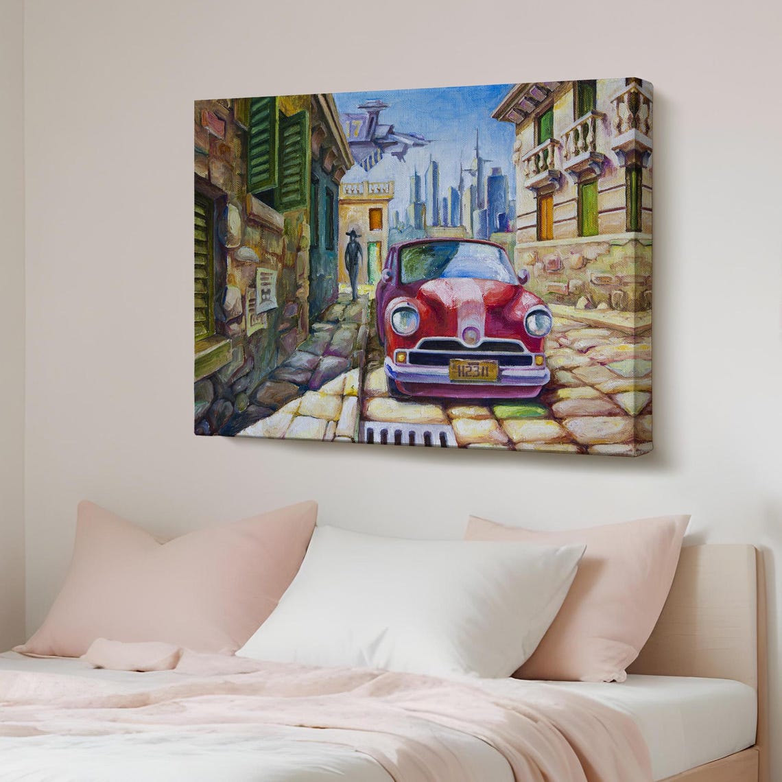 Vintage Red Classic Car on Old Town Cobblestone Street Print Art