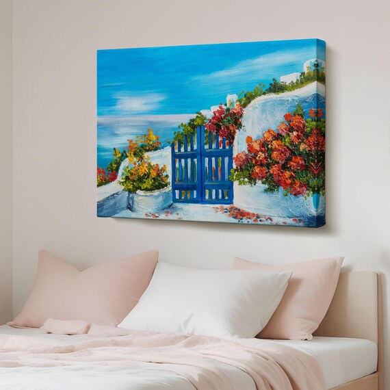 Greek Island Blue Gate Bougainvillea White Wall Seaside Art Poster