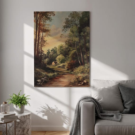 Forest Cottage Canvas Wall Art Rustic Pathway Painting Vintage Landscape Print With Trees And Cabin Nature Decor For Cozy Interiors